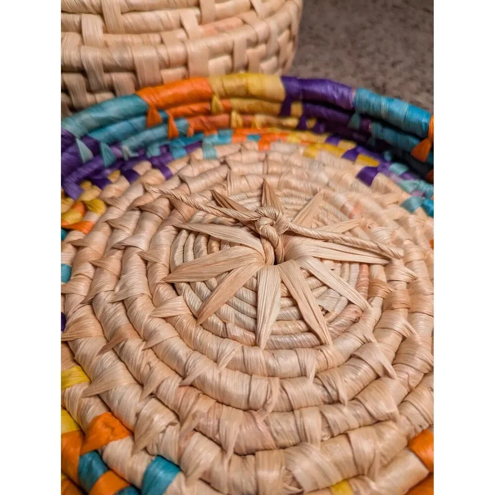 Handwoven Boho Straw Basket with Lid Colorful Raffia Wooden Ring Handle